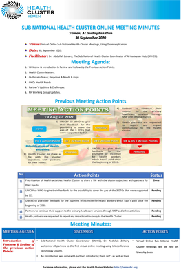 SUB NATIONAL HEALTH CLUSTER ONLINE MEETING MINUTES Meeting Agenda