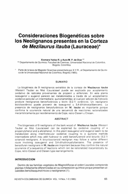 Consideraciones Biogenéticas Sobre Los Neolignanos Presentes En La Corteza De Mezilaurus Itauba (Lauraceae)*