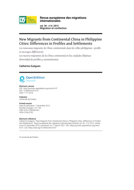 New Migrants from Continental China in Philippine Cities