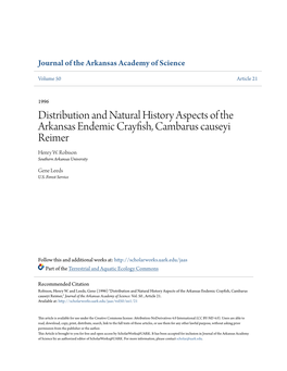 Distribution and Natural History Aspects of the Arkansas Endemic Crayfish, Cambarus Causeyi Reimer Henry W