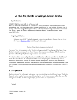 A Plus for Plurals in Writing Liberian Krahn