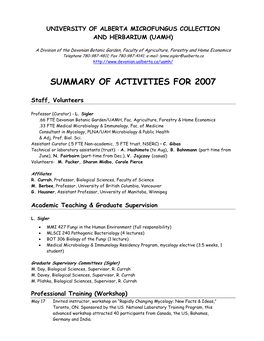 Summary of Activities for 2007