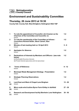 Environment and Sustainability Committee Thursday, 20 June 2013 at 10:30 County Hall , County Hall, West Bridgford, Nottingham NG2 7QP