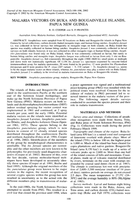 Malaria Vectors on Buka and Bougainville Islands, Papua New Guinea