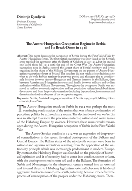 The Austro-Hungarian Occupation Regime in Serbia and Its Break-Down in 1918