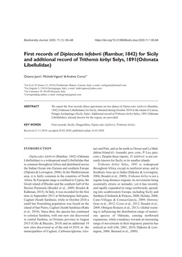 First Records of Diplacodes Lefebvrii (Rambur, 1842) for Sicily and Additional Record of Trithemis Kirbyi Selys, 1891(Odonata Libellulidae)