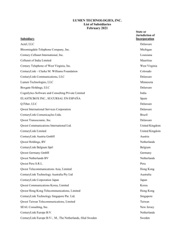 LUMEN TECHNOLOGIES, INC. List of Subsidiaries February 2021 State Or Jurisdiction of Subsidiary Incorporation Actel, LLC Delaware Bloomingdale Telephone Company, Inc