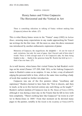 Henry James and Vittor Carpaccio: the Horizontal and the Vertical in Art