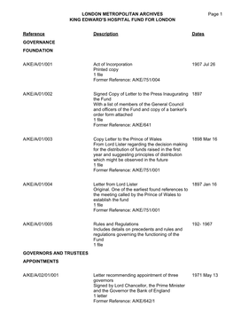 The London Metropolitan Archives King Edward's Hospital Fund