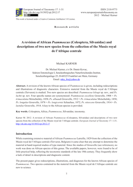 A Revision of African Psammoecus (Coleoptera, Silvanidae) and Descriptions of Two New Species from the Collection of the Musée Royal De L’Afrique Centrale