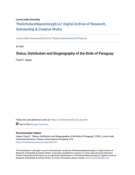 Status, Distribution and Biogeography of the Birds of Paraguay