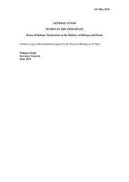 GS Misc 1076 GENERAL SYNOD WOMEN in the EPISCOPATE House of Bishops' Declaration on the Ministry of Bishops and Priests I Atta