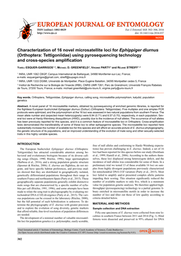 Characterization of 16 Novel Microsatellite Loci for Ephippiger Diurnus (Orthoptera: Tettigoniidae) Using Pyrosequencing Technology and Cross-Species Ampliﬁ Cation