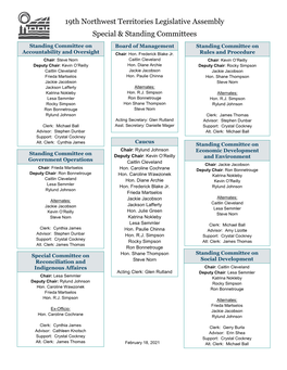 19Th Northwest Territories Legislative Assembly Special & Standing