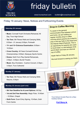 Friday 19 January: News, Notices and Forthcoming Events