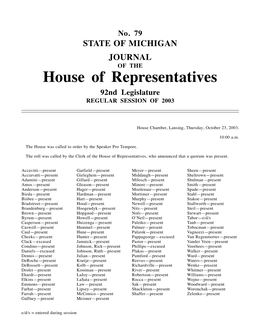 House of Representatives 92Nd Legislature REGULAR SESSION of 2003