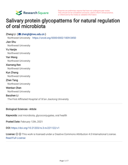 Salivary Protein Glycopatterns for Natural Regulation of Oral Microbiota
