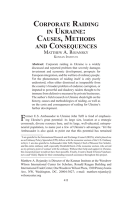 Corporate Raiding in Ukraine: Causes, Methods and Consequences Matthew A