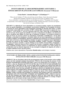 INVENTARIO DE ÁCAROS DEPREDADORES ASOCIADOS a FITOÁCAROS EN PLANTAS DE LAS FAMILIAS Arecaceae Y Musaceae