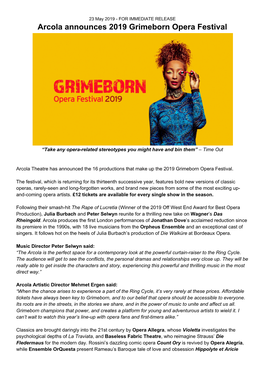 Arcola Announces 2019 Grimeborn Opera Festival