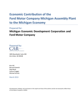 Economic Contribution of the Ford Motor Company Michigan Assembly Plant to the Michigan Economy