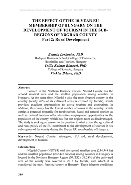 THE EFFECT of the 10-YEAR EU MEMBERSHIP of HUNGARY on the DEVELOPMENT of TOURISM in the SUB- REGIONS of NÓGRÁD COUNTY Part 2: Rural Development