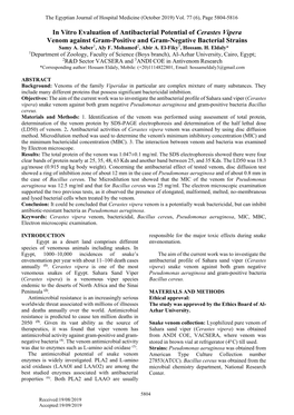 In Vitro Evaluation of Antibacterial Potential of Cerastes Vipera Venom Against Gram-Positive and Gram-Negative Bacterial Strains Samy A