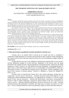 THE TOURISTIC POTENTIAL of CARAŞ-SEVERIN COUNTY GHERGHINA LILIANA LECTURER PHD, UNIVERSITY EFTIMIE MURGU of REȘIȚA, ROMANIA E