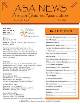 ASA NEWS African Studies Association Volume XLI No.3 July 2008