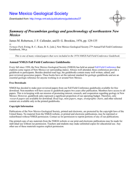 Summary of Precambrian Geology and Geochronology of Northeastern New Mexico James M