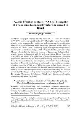 A Brief Biography of Theodosius Dobzhansky Before He Arrived in Brazil