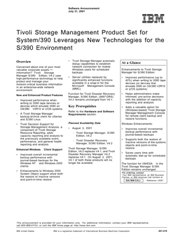 Tivoli Storage Management Product Set for System/390 Leverages New Technologies for the S/390 Environment