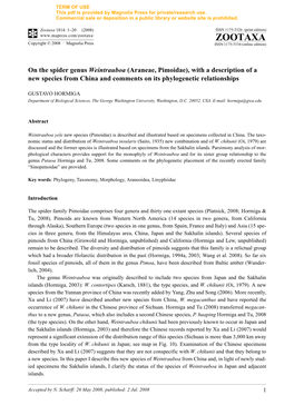 Zootaxa, on the Spider Genus Weintrauboa (Araneae, Pimoidae