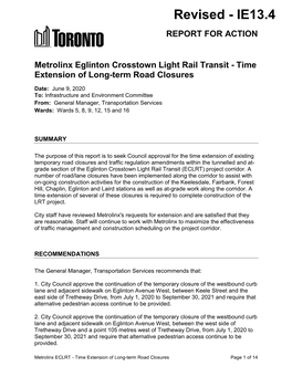 Metrolinx Eglinton Crosstown Light Rail Transit - Time Extension of Long-Term Road Closures