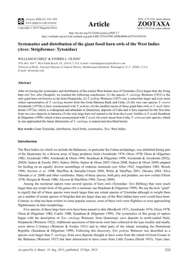 Systematics and Distribution of the Giant Fossil Barn Owls of the West Indies (Aves: Strigiformes: Tytonidae)