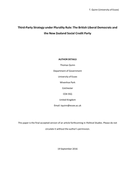 Third-Party Strategy Under Plurality Rule: the British Liberal Democrats and the New Zealand Social Credit Party