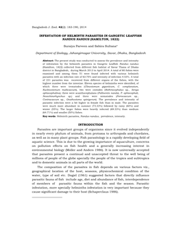 INFESTATION of HELMINTH PARASITES in GANGETIC LEAFFISH NANDUS NANDUS (HAMILTON, 1822) Suraiya Parveen and Sabira Sultana* Depar