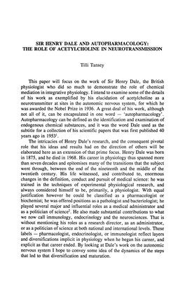 Sir Henry Dale and Autopharmacology: the Role of Acetylcholine in Neurotransmission