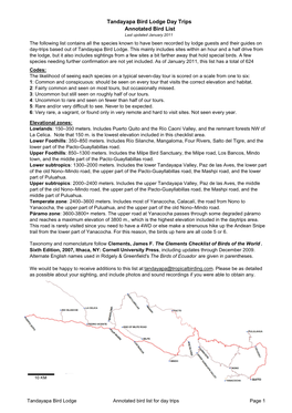 Tandayapa Bird Lodge Annotated Birdlist