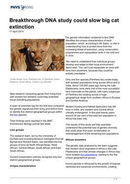 Breakthrough DNA Study Could Slow Big Cat Extinction 11 April 2014