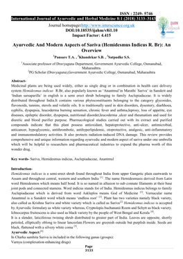 Ayurvedic and Modern Aspects of Sariva (Hemidesmus Indicus R. Br): an Overview 1Pansare T.A