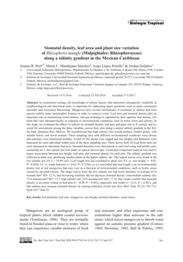 Stomatal Density, Leaf Area and Plant Size Variation of Rhizophora Mangle (Malpighiales: Rhizophoraceae) Along a Salinity Gradient in the Mexican Caribbean