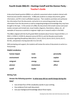 Fourth Grade DBQ #3 – Hastings Cutoff and the Donner Party - Teacher’S Guide