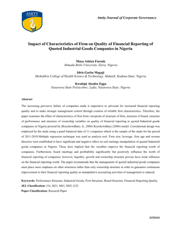 Impact of Characteristics of Firm on Quality of Financial Reporting of Quoted Industrial Goods Companies in Nigeria