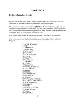 MIGRATION Coding of Country of Birth