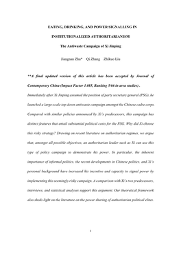 EATING, DRINKING, and POWER SIGNALLING in INSTITUTIONALIZED AUTHORITARIANISM the Antiwaste Campaign of Xi Jinping Jiangnan Zhu*