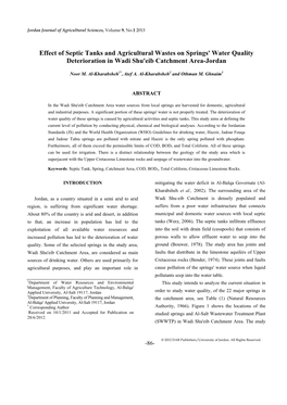 Effect of Septic Tanks and Agricultural Wastes on Springs' Water Quality Deterioration in Wadi Shu'eib Catchment Area-Jordan