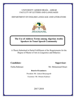 The Use of Address Terms Among Algerian Arabic Speakers in Touat Speech Community