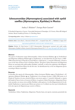 Ichneumonidae (Hymenoptera) Associated with Xyelid Sawflies 17 Doi: 10.3897/Jhr.58.12919 RESEARCH ARTICLE