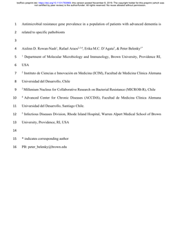 Antimicrobial Resistance Gene Prevalence in a Population of Patients with Advanced Dementia Is